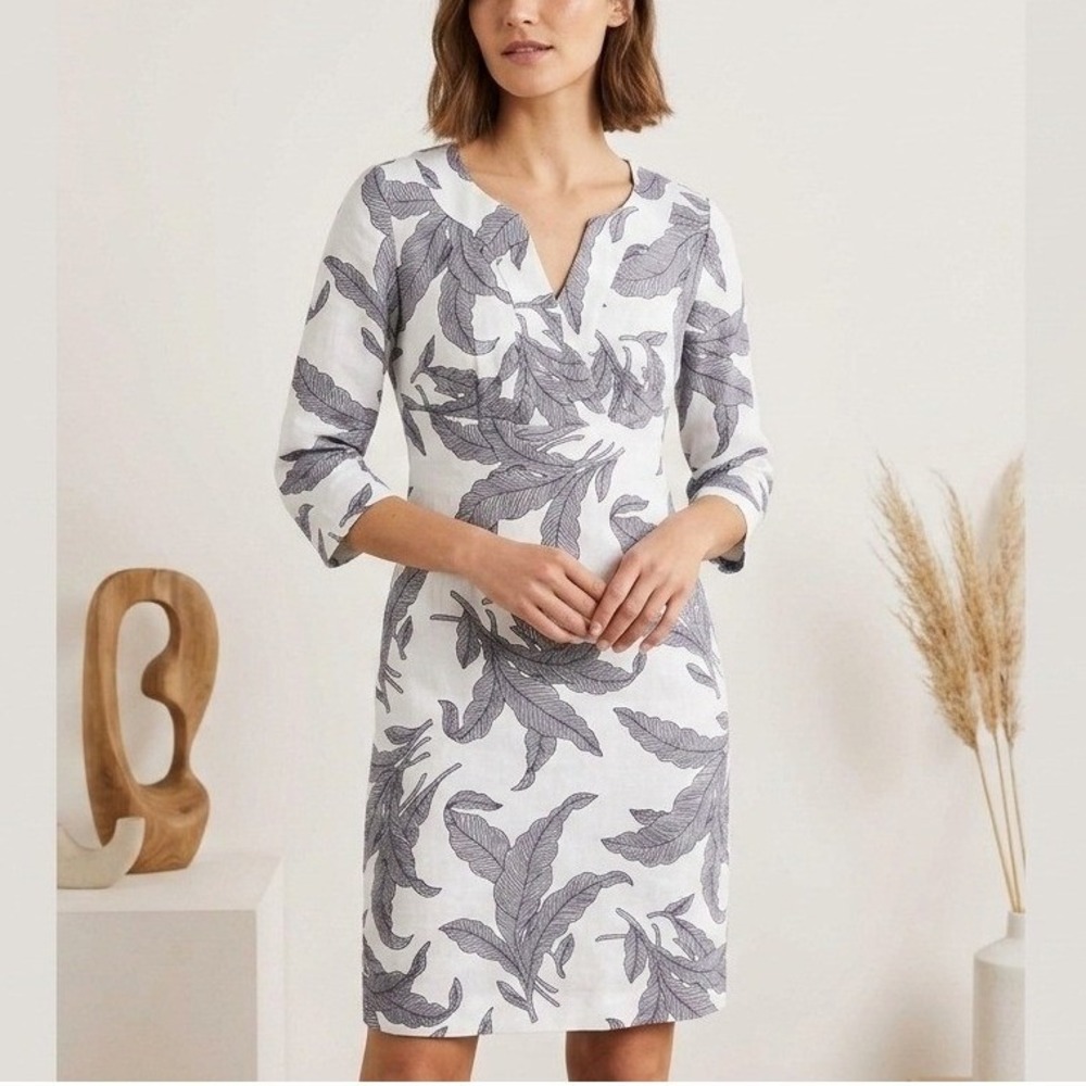 Boden Womens Linen Leaf Print V-Neck Pencil‎ Dress Grey White Size 2P
